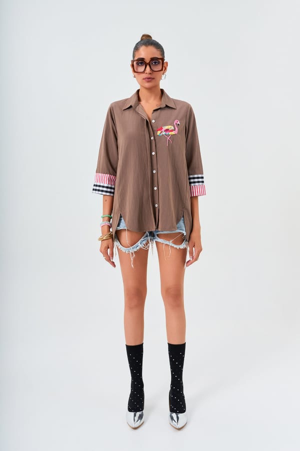 Brown Cotton Comfort-Fit Shirt with Flamingo Embroidery — KOR