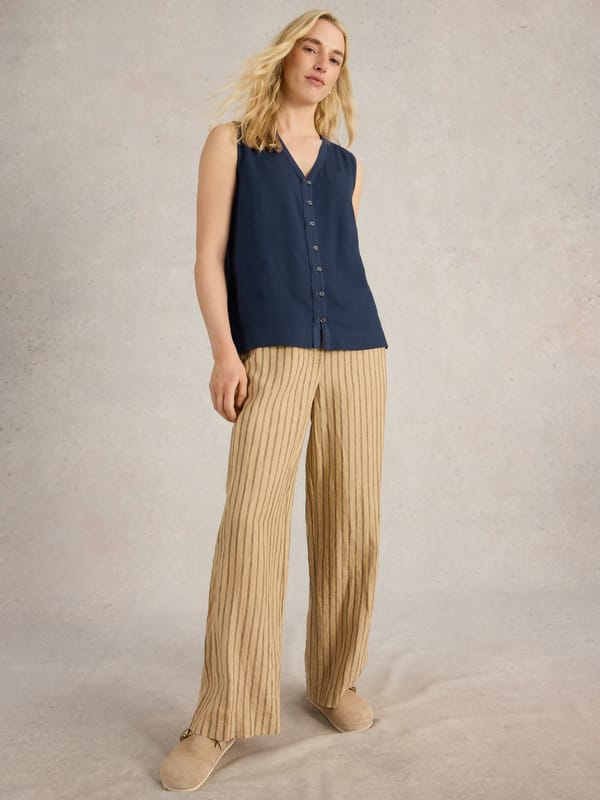 Dark Navy Sleeveless V-Neck Button-Front Top — White Stuff