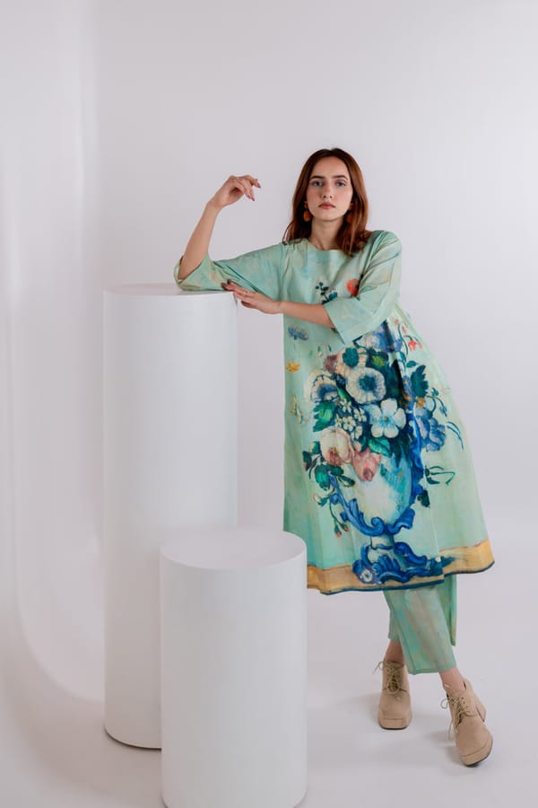 Aqua Green Printed A-Line Kurta and Pant Set — Maidaan
