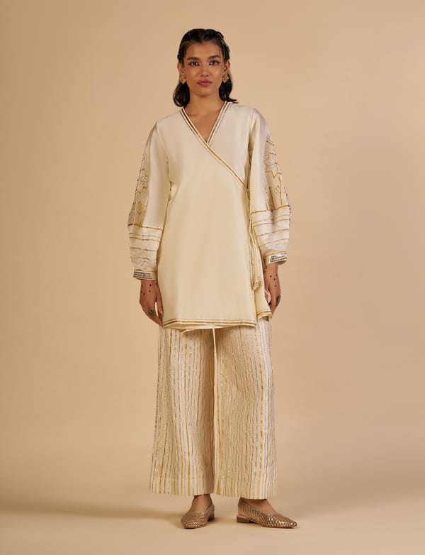 Off White Wide-Leg Lurex Striped Trousers — Gulabo by Abu Sandeep
