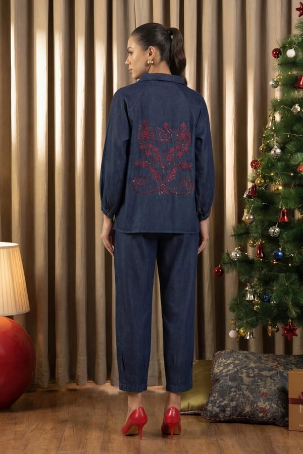 Navy Denim-Cotton Back-Embroidered Co-ord Set — Eko Clothing