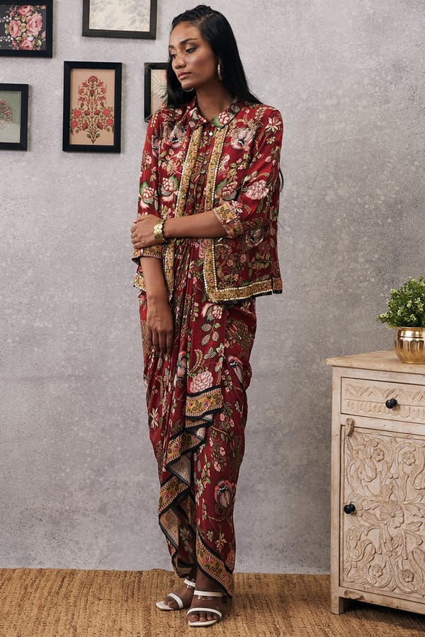 Mehr Printed Drape Dress With Jacket — SOUP by Sougat Paul