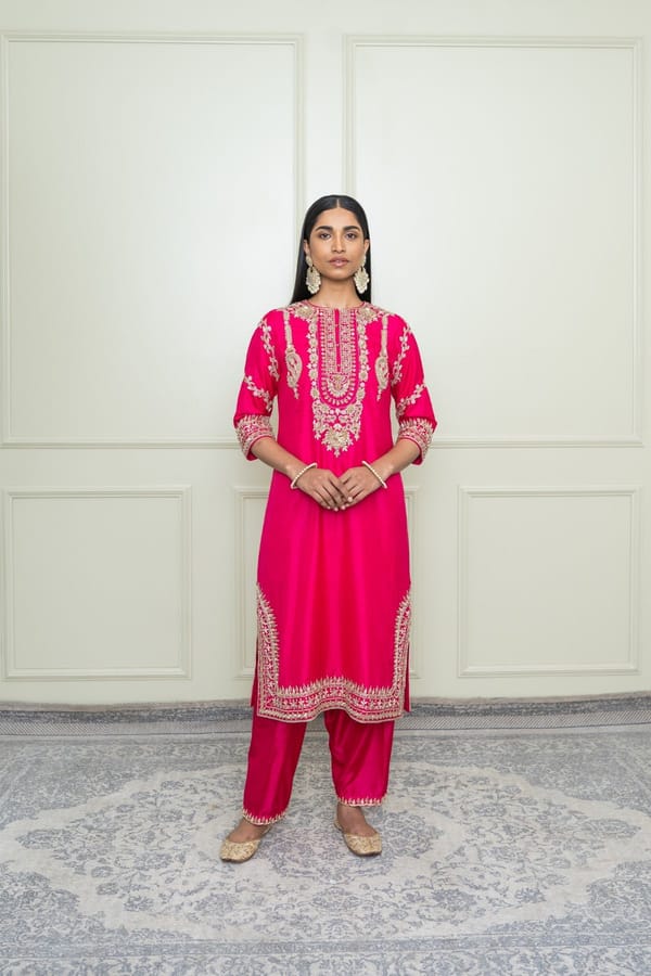 Hot Pink Pure Silk Zardozi A-Line Kurta Set — Sheetal Batra