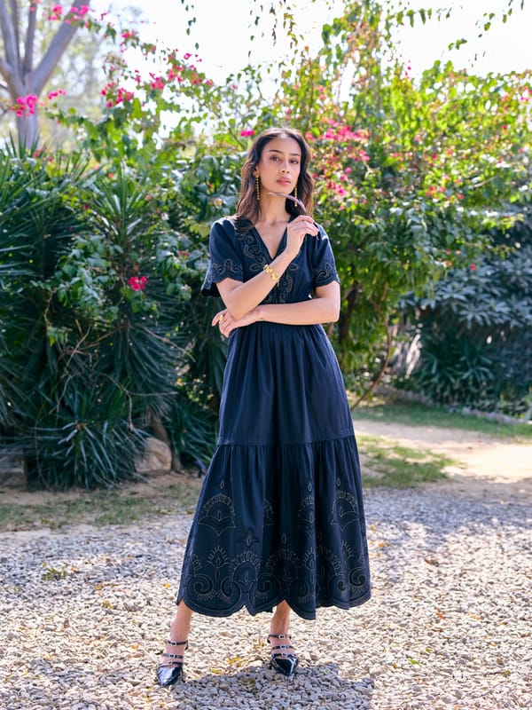 Black Tonal Embroidered V-Neck Tiered Midi Dress — Style Island