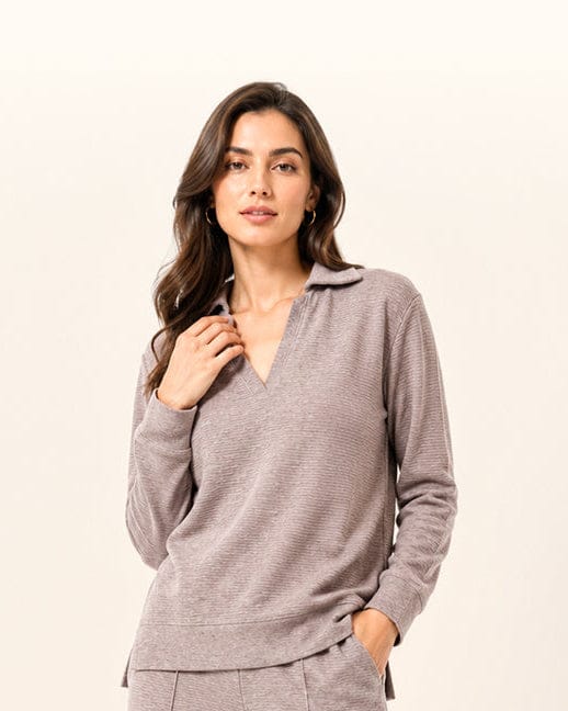 Beige Ottoman Weave Long Sleeve Polo Top — Necesera