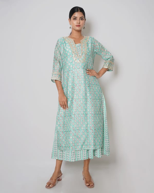 Dreamy Sky Printed Chanderi Double Layer Dress — Kameez