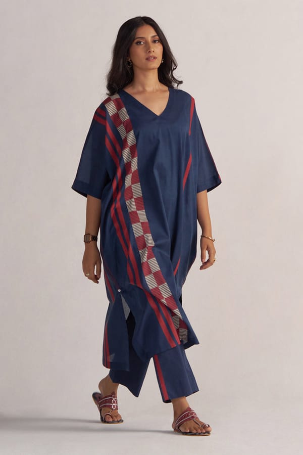 Navy Blue Printed Kaftaan Co-ord Set with Wide-Leg Pants — Ganga Fashions Pvt Ltd