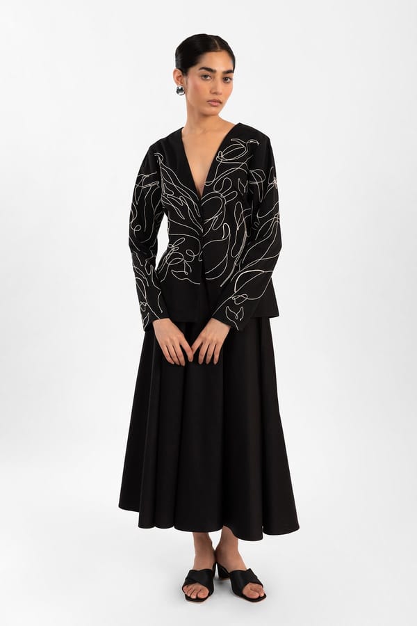 Black Embroidered Lapel-less V-Neck Tailored Blazer — Contemponari