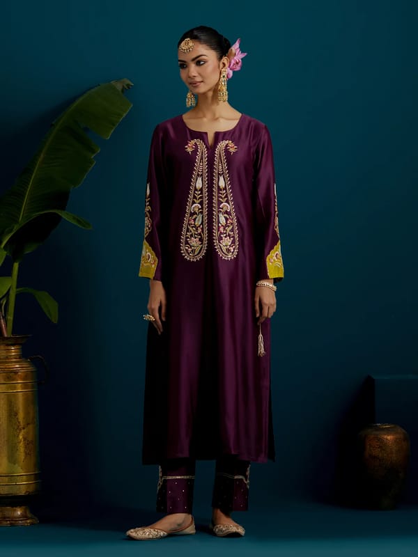 Purple Embroidered Yoke Kurta and Pant Set — Anantaa