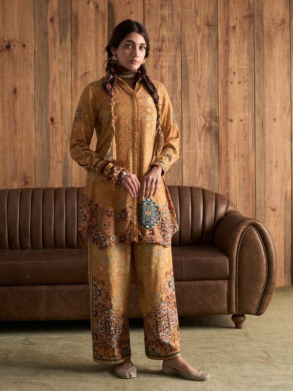 Yellow Printed Collared Co-ord Set with Wide-Leg Pants — SAUNDH