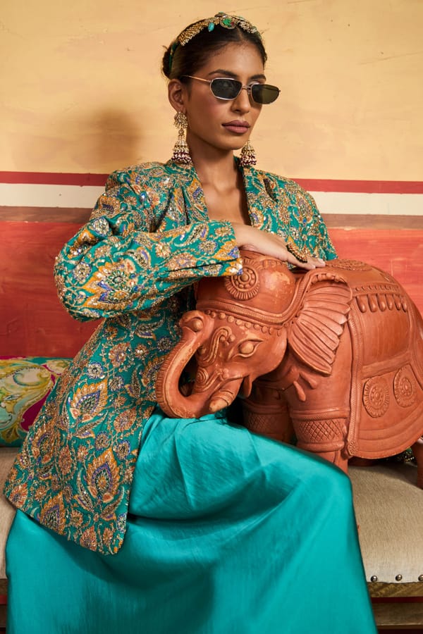 Turquoise 3-Piece Embroidered Jacket and Drape Skirt Set — TASUVURE