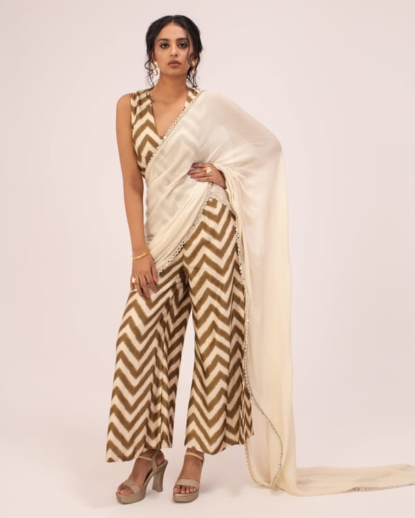 Olive Shibori Chevron Wide-Leg Jumpsuit with Dupatta — DORABI