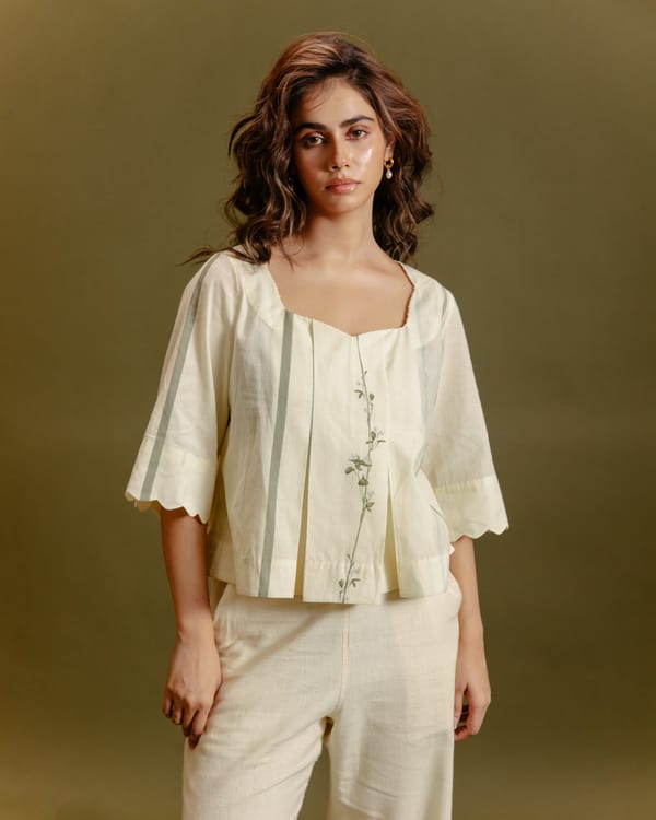 Butter Yellow Printed Crop Top With Scallop Sleeves — SUBBAH