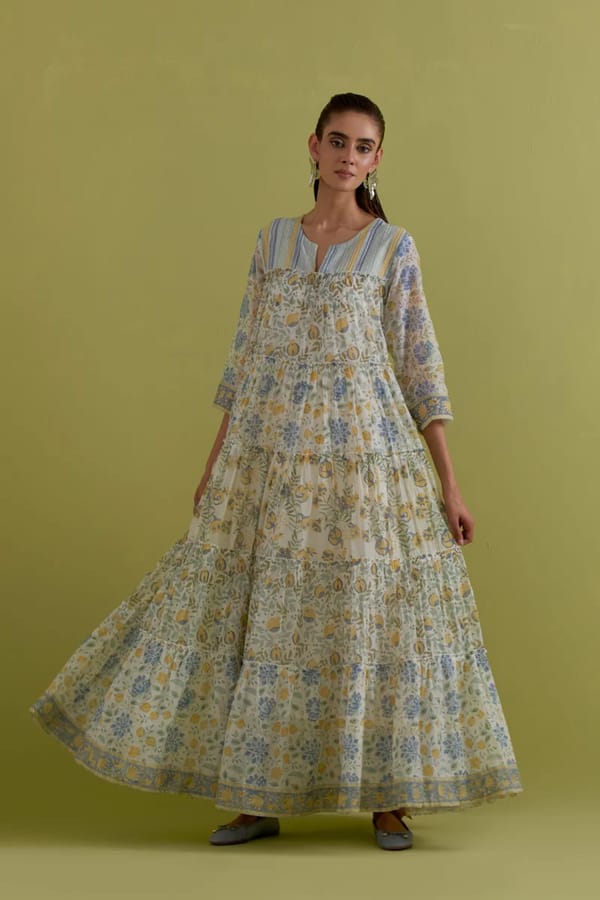 Off White Block Printed Multi Tiered Kurta — Upavita