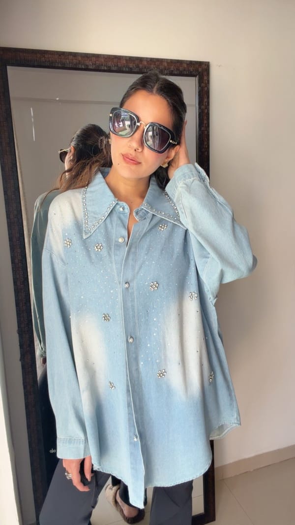 Washed Denim Studded Shirt — CLOSET AFFAIR