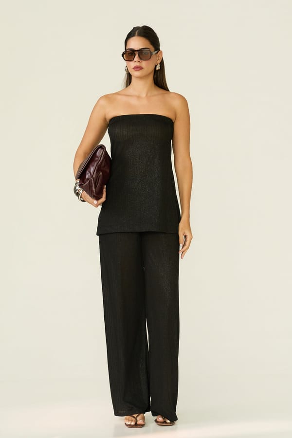 Black Shimmer Plisse High-Waist Palazzo Trousers — LABEL FROW