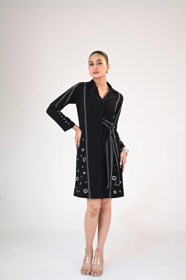 Black Knee-Length Shirt Dress with Contrast Stitch Detail — Veera Wear