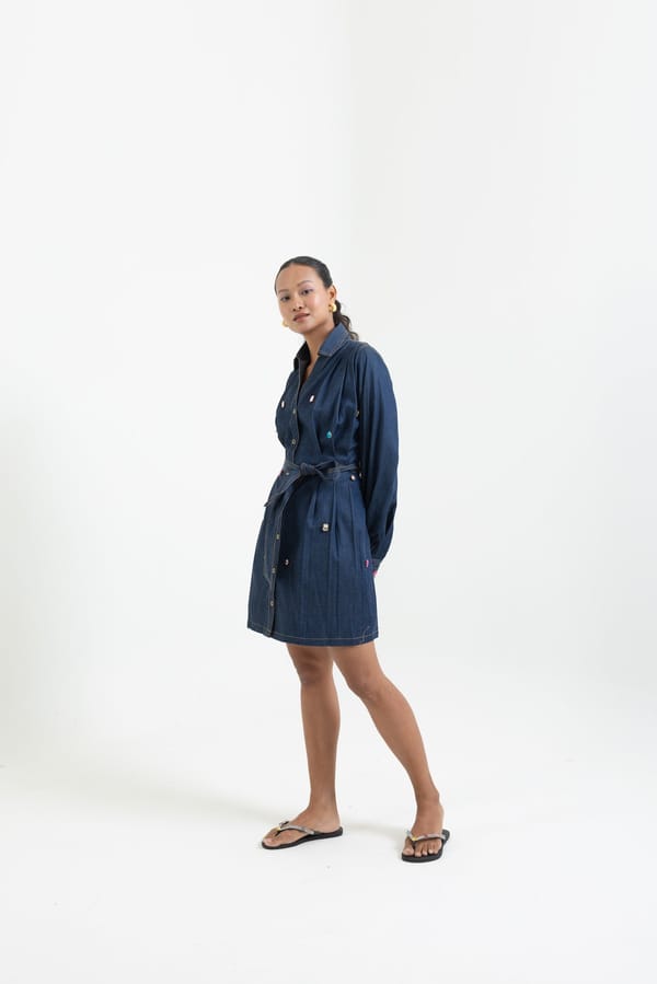 Indigo Denim Shirt Dress with Charm Embellishments — Label Sugar