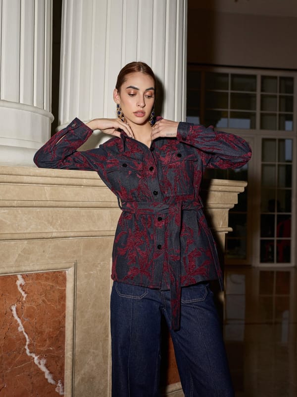 Red Burnout Velvet Belted Jacket with Botanical Print — Style Island