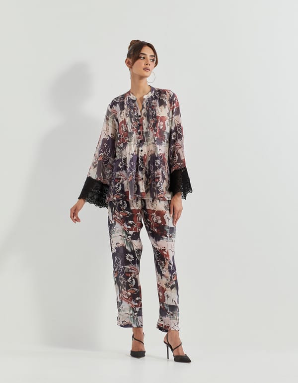 Printed Tunic and Pants Co-ord Set with Lace Cuffs — Kavita Bhartia