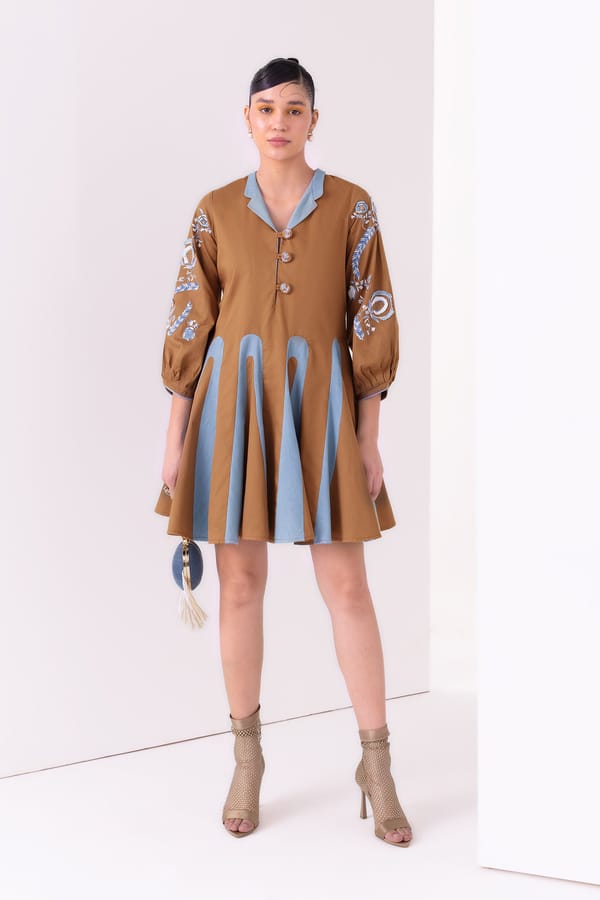 Denim/Tan Colorblocked A-Line Mini Dress with Embroidered Sleeves — Our Love