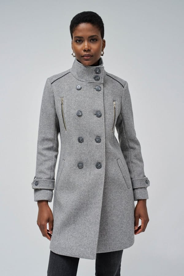 Grey Herringbone Double-Breasted Tailored Coat — SALSA JEANS