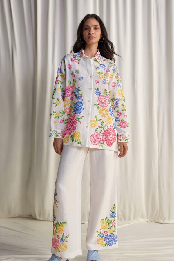 Ivory Straight-Leg Cross-Stitch Embroidered Trousers — Dash and Dot