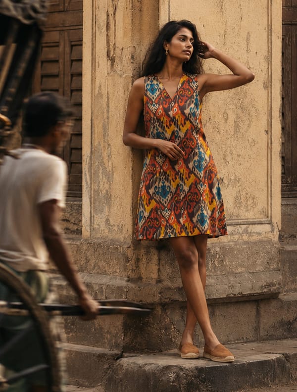 Multicolour Ikat Print Cotton Sleeveless Dress — Truebrowns