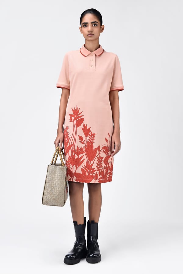Light Peach Tropical Print Polo Dress with Contrast Tipping — Genes Lecoanet Hemant