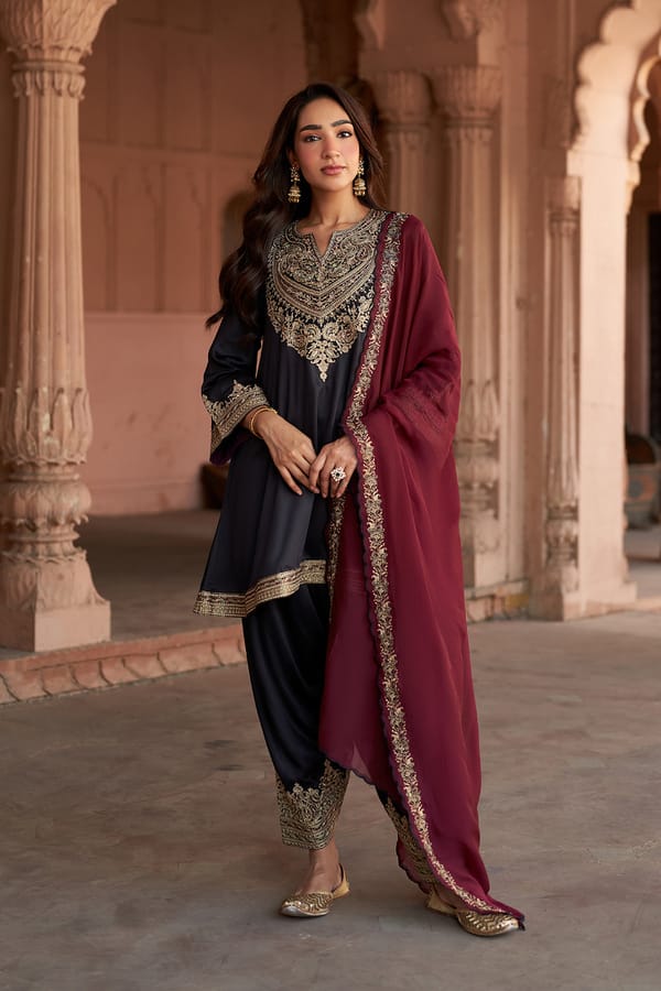 Jashn Black Embroidered Salwar Set & Wine Dupatta — INCHING INDIA