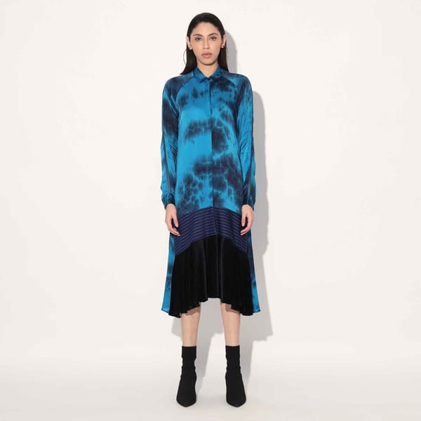 Blue Tie-Dye Midi Shirt Dress with Pleated Hem — Linetribe