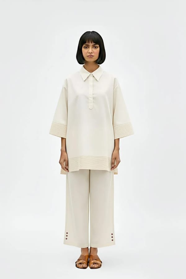 Ivory Cotton Twill Tunic and Wide-Leg Pants Co-ord Set — Neora