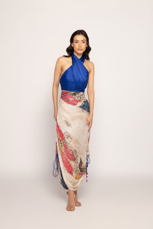 Blue and Ivory Halter Neck Printed Maxi Dress — Saaksha and Kinni