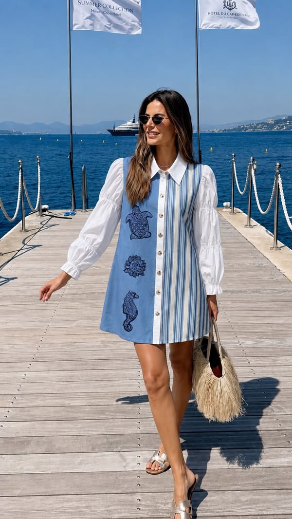 Blue Colorblock Shirt Dress with Embroidered Motifs — Pink Lion India