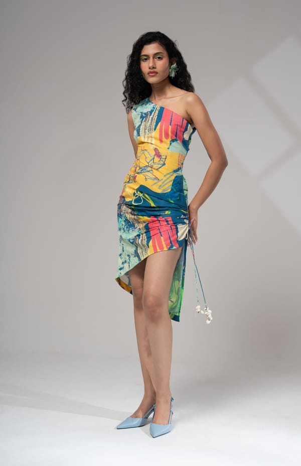 Multicolour One-Shoulder Ruched Asymmetrical Mini Dress — ADVAIT