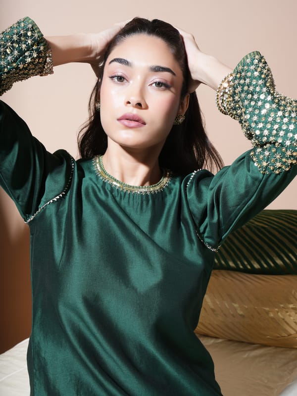 Bottle Green Statement Cuff Long Kurta Set — KOMAL SHAH