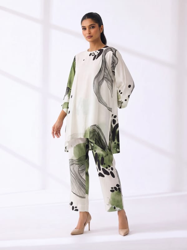White Green Abstract Printed Co-ord Set — Esha Arora