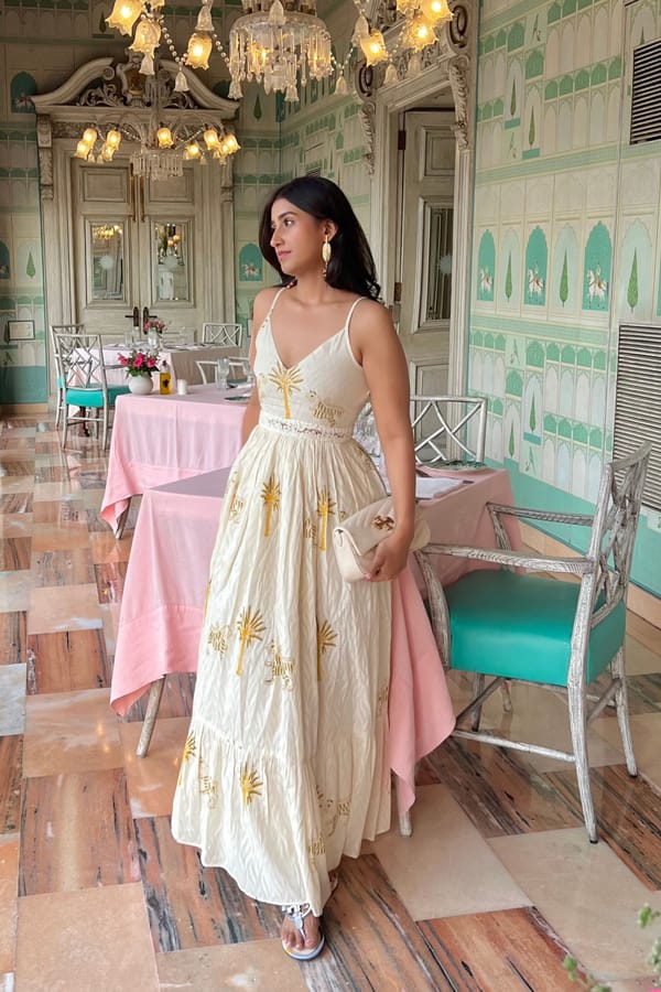 Off-White Printed Tiered Maxi Dress with Crochet Waist — House of Mae