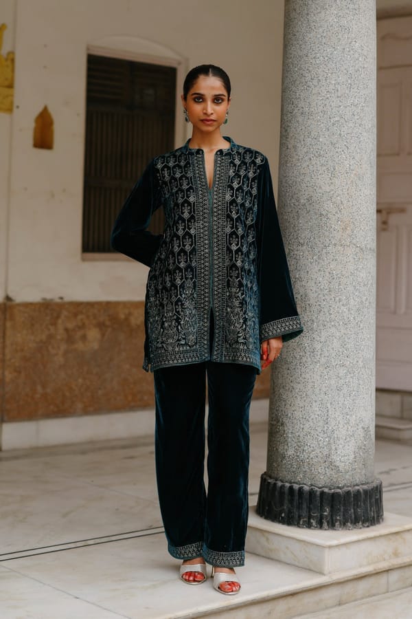 Teal Blue Velvet Embroidered Co-ord Set — INCHING INDIA