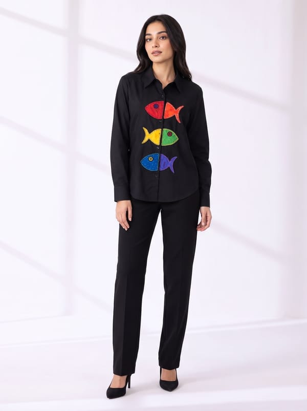 Chic Black Shirt Featuring Vibrant Fish Applique Detailing. — THE LUXURY DRESSING