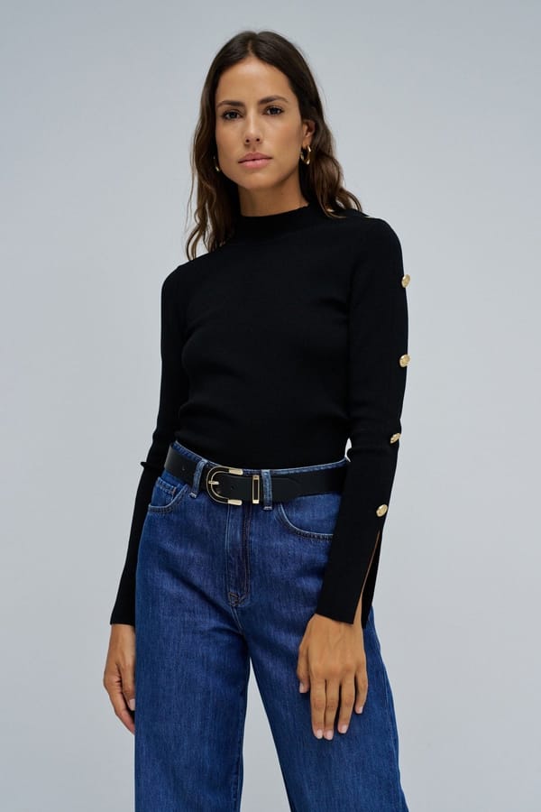 Black Rib-Knit High Neck Sweater with Sleeve Buttons — SALSA JEANS