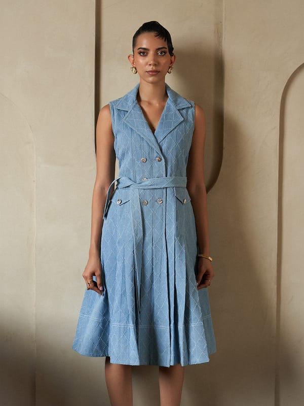 Denim Blue Double-Breasted Belted Midi Dress — HOUSE OF FETT