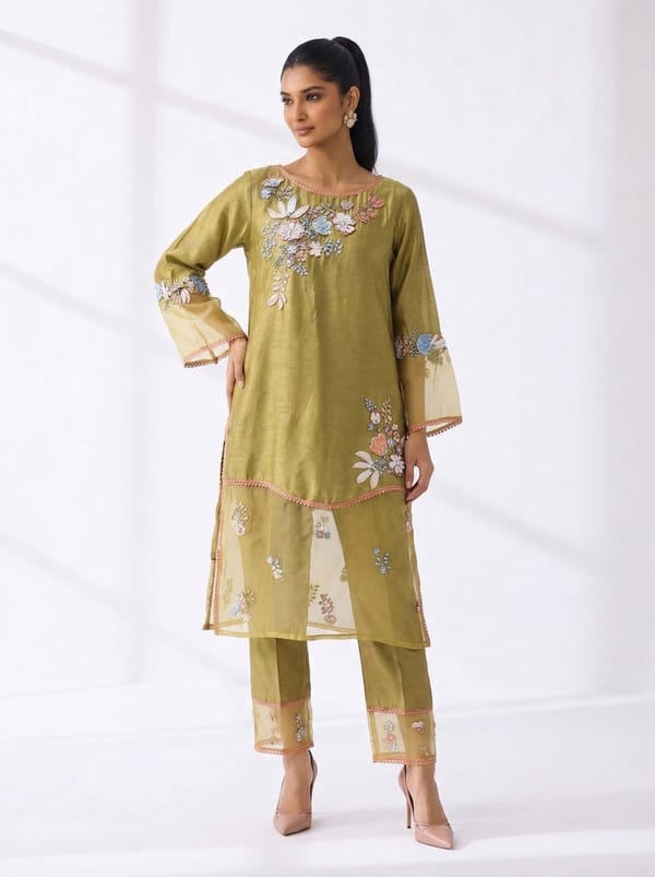Pista Green Embroidered Tunic and Pant Co-ord Set — RUCHIKA MALLIKA LABEL