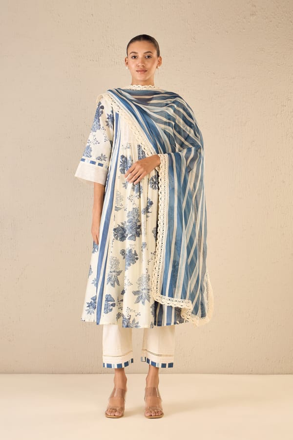 Meadow Stripes: Blue Striped Lace Dupatta — SHIVANI BHARGAVA