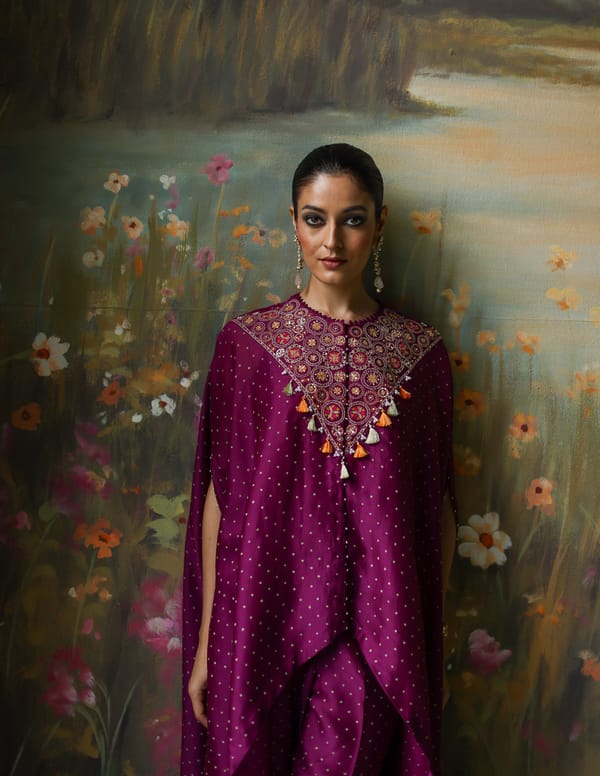 Aubergine Silk Chanderi Cape and Pants Co-ord Set — Shikha Mehta