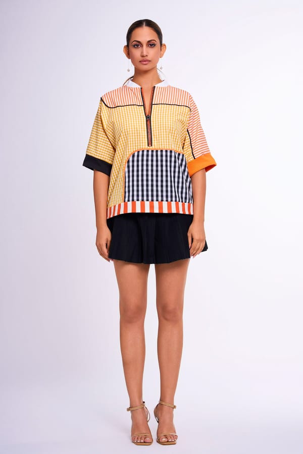 Orange Yellow Patchwork Zip-Neck Boxy Cotton Top — KOR