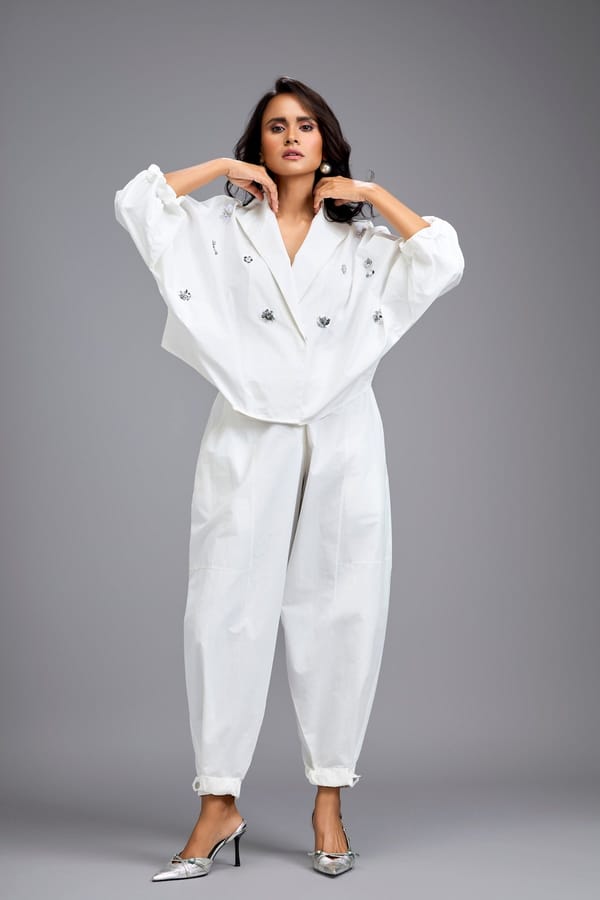 White Tapered Drop-crotch Pants — Deepika Arora