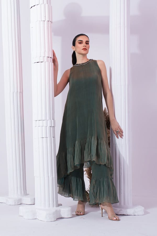 Moss Green Tissue Satin High Neck Kurta Sharara Set — PREETI MEHTA