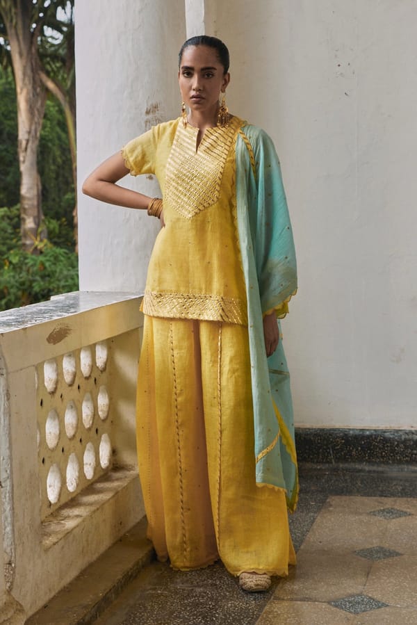 Yellow Linen Straight Kurta Set with Gota Work — YELL