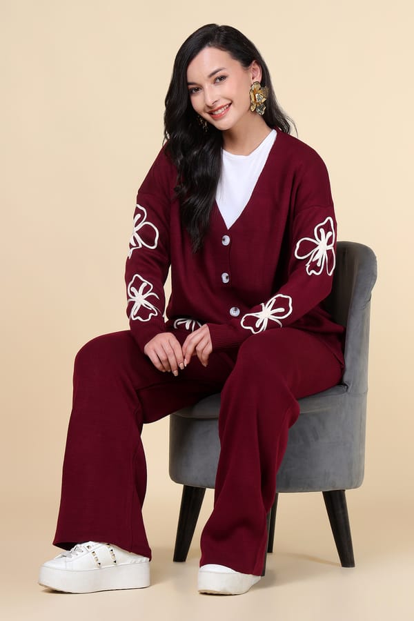 Burgundy Knit Cardigan and Wide-Leg Pants Co-ord Set — NIWRO